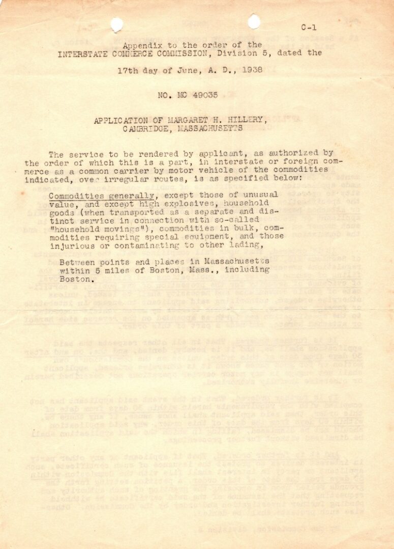 of public convenience and necessity issued 
 for M H Hillery Trucking Company,  June 17, 1938.