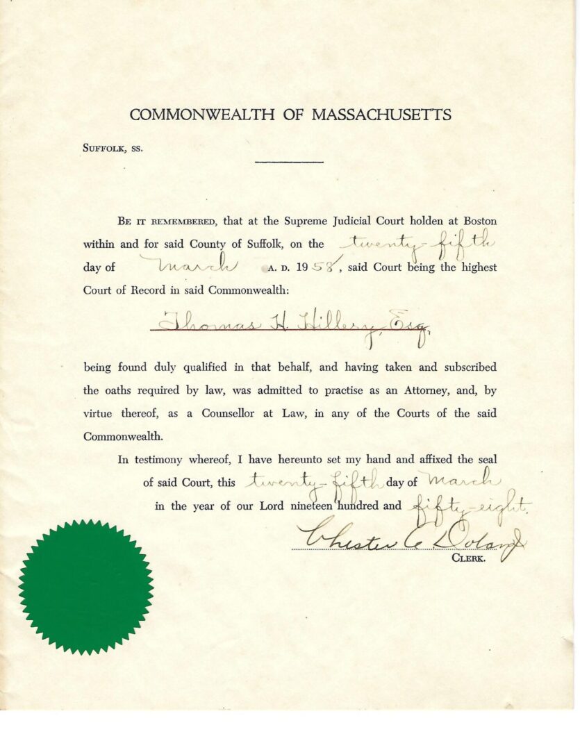 Thomas' admission to the Massachusetts Bar, March 25, 1958.